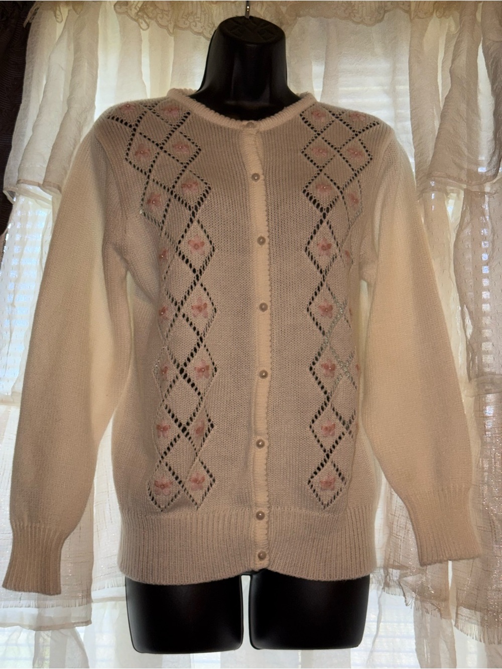 VTG coquette Cream Floral Knit Cardigan Sweater